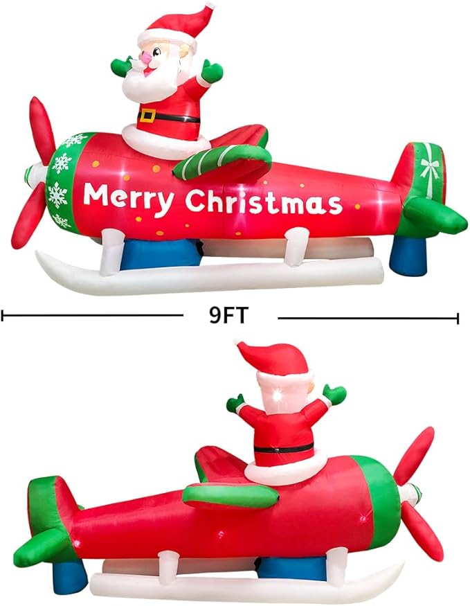 KOOY 9FT Christmas Inflatables Santa Claus on Airplane Outdoor Decorations Blow Up Giant Yard Decoration Bright LED Lights for Garden Yard Lawn Outdoor Indoor Holiday Xmas Gifts