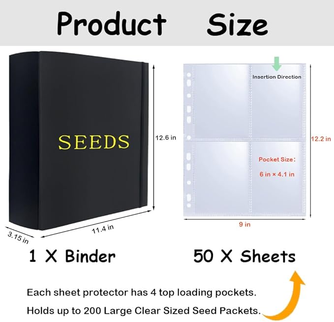 Extra Large Seed Storage Organizer Binder with 200 Clear Pockets(50 Pack Sheet Sleeves), 3 Ring Seed Packet Organizer, D-Ring Garden Seed Holder Book for Seed Envelopes, Plant Saver Flower Keeper