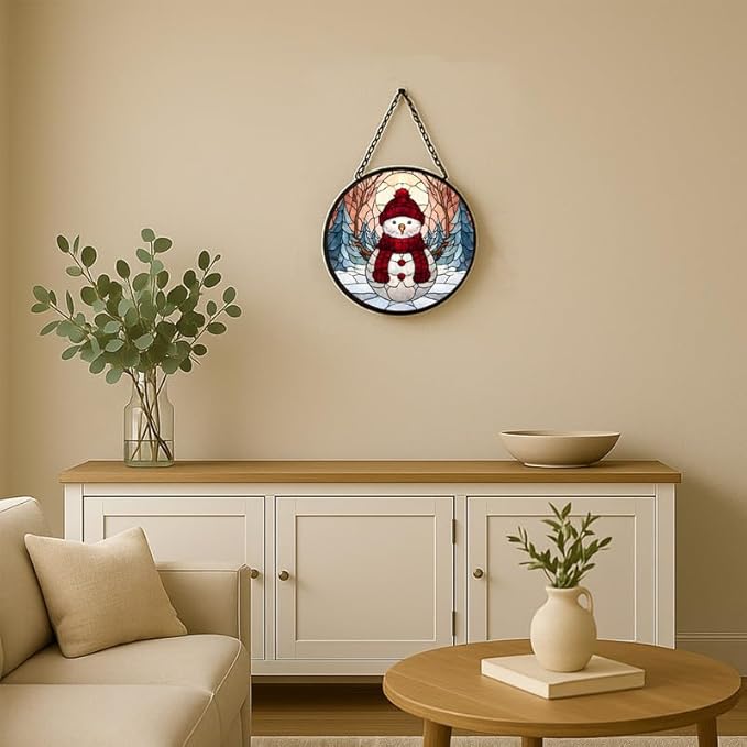Stained Glass Window Hanging – 6.3 in Snowman Panel with Chain， Bathroom Front Door Living Room Garden Winter Holiday Decor for Mom Wife Lovers
