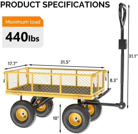 VINGLI Garden Carts and Wagons with 180° Rotating Handle and Detachable Iron Mesh, 440 LBS 880 LBS Heavy Duty Utility Carts Dump Cart for Garden, Lawn & Landscaping (Yellow, 440 lbs)