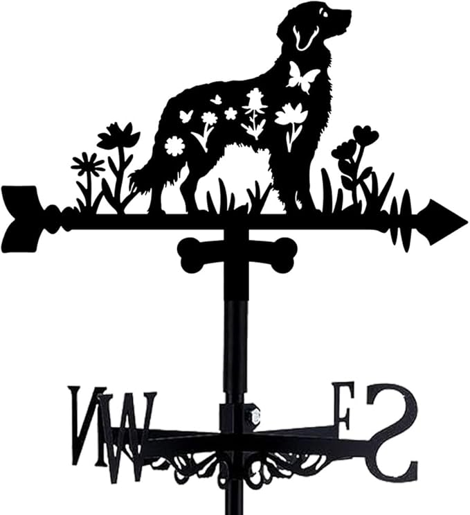 Dog Weathervane Metal Wind Vane Animal Flowers Garden Art Decoration Direction Sign Indicator Stake Mount Ornament for Patio Lawn Farmhouse Yard Roof Outdoor