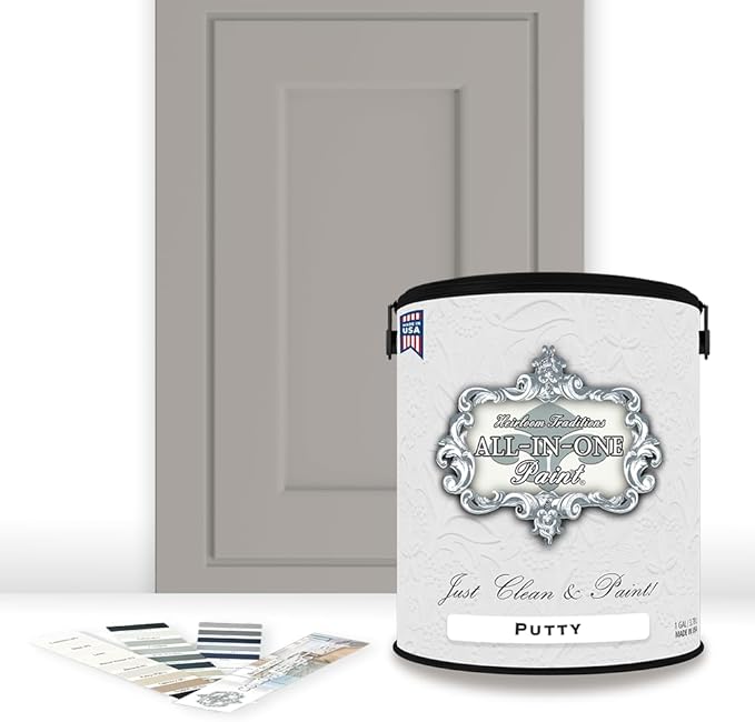 ALL-IN-ONE Paint, Durable cabinet and furniture paint. Built in primer and top coat, no sanding needed. Includes our 30 featured color card - Putty (light taupe), Gallon