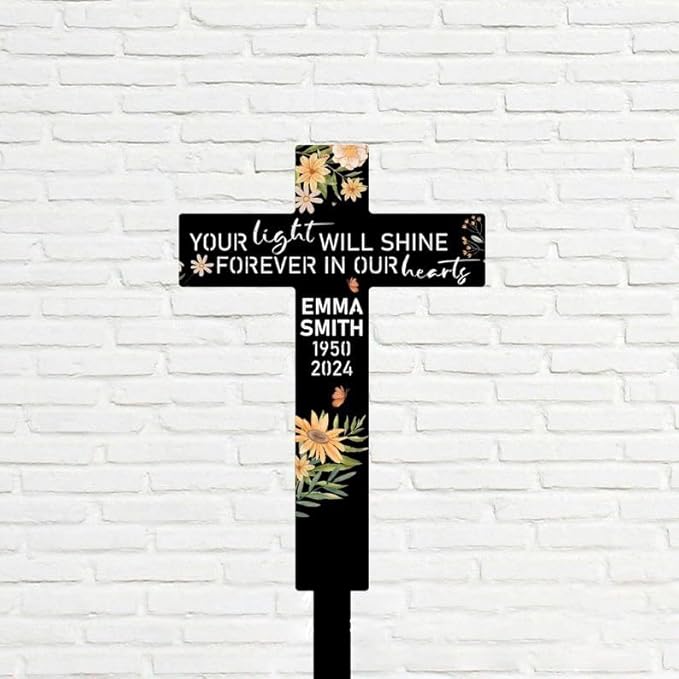 Custom Flower Cross Memorial Stake – Floral Cross Metal Grave Marker, Garden Yard Stake Outdoor Decor (Flower Cross Memorial)