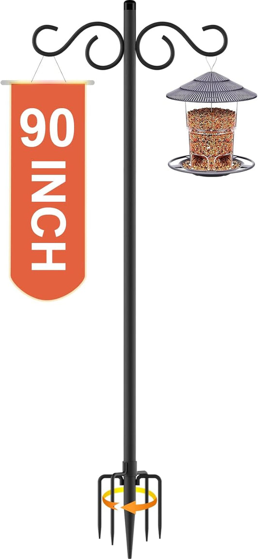 Double Shepherds Hooks for Outdoor,1 Pack 90 Inch Bird Feeder Pole with 5 Prongs Base,Heavy Duty Shepherds Hook,Suitable for Garden in Hanging Flower Basket,Lantern,Bird Nests (1 Pack 90 inch)