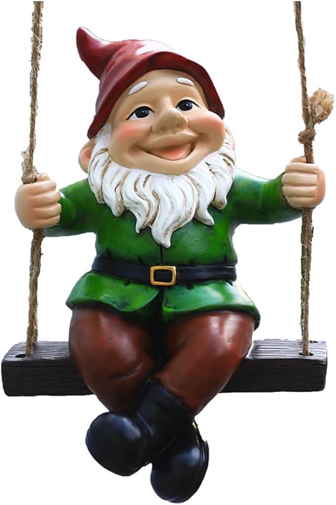 Garden Gnome Hanging Statue – Funny Swinging Dwarf Figurine,Hand-Painted Resin Outdoor Decor for Patio,Yard, Porch or Lawn,Great