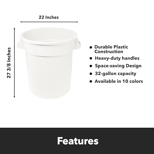 Feed and Seed Storage Container, 32 Gallon White Round Commercial Trash Can, Food Storage Plastic Bin, Use in Agricultural, Gardening, or Household