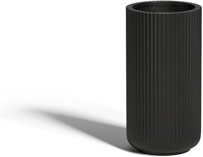 DTY Signature Mount Elbert 1-Piece Fluted Fiberstone Planter for Indoor/Outdoor, Black, 16" H x 11.5" Dia (9.75" Opening) - Small