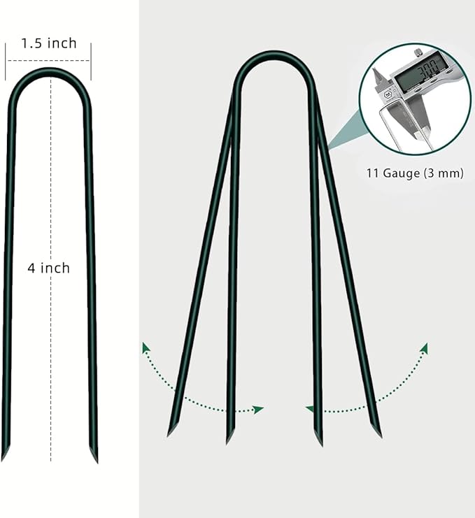 4 inch 25 Pack U Shape Green Garden Stakes,11 Gauge Garden Pins,U-Shaped Tent Stakes,Galvanized Landscape Staples for Yard Lawn,Tube, Landscape Fabrics,Irrigation Hose and Weed Barriers.