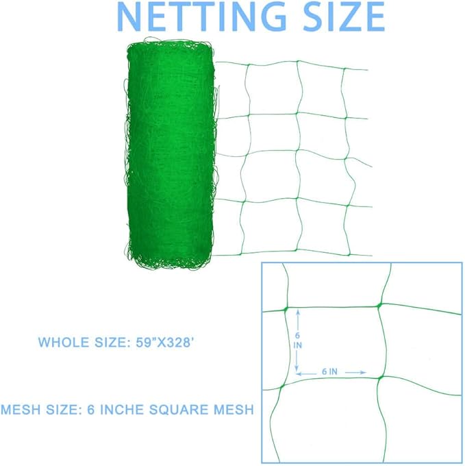 Heavy Duty Green Trellis Netting Roll - 59''x328' Plastic Plant Green Trellis Net for Climbing Plants