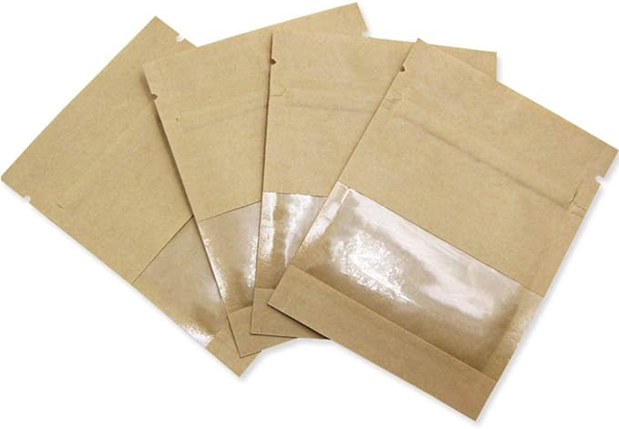 PABCK 100 Pack 5.1x7.08 inch (Inner Size 4.7x5.7 inch) Clear Window Brown Kraft Paper for Zip Seed Packets Lock Food Storage Bags Zipper Lock Seeds Envelopes Resealable Heat Seal Pouch Coffee Packet