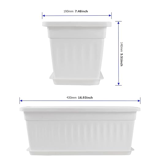 6 Packs 17 Inch Window Flower Planter Boxes, Plastic Vegetable Plant Boxes with 6 Pcs Trays, Rectangle Planter Pots with 30 Pcs Labels, White2