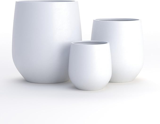 DTY Signature Mount Wilson Lightweight and Durable Modern Fiberstone Tapered Planter for Indoor Outdoor Drainage Hole & Rubber Plug Weather Resistant, 16.7" H x 15" Dia, 11.7" Opening - Medium, White