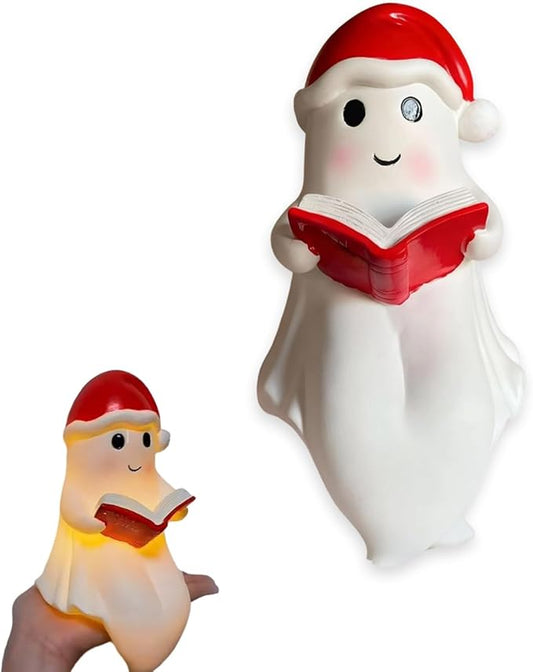 1 Pcs Christmas Reading Ghost Figurine Cute Spooky Design Glow in the Dark Figurines Desk Christmas Decorations Indoor for Christmas Decor Home Table Bedroom Office Desktop Display Ornaments lamp