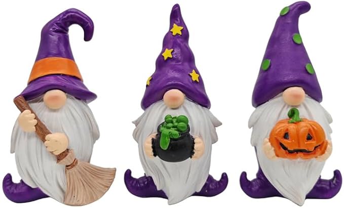 Purple Wizard Witch Gnomes Set of 3 - Mini Resin Figurines for Tiered Tray, Mantel and Gothic Home Decor Storybook Charm Gothic Gnomes Collection