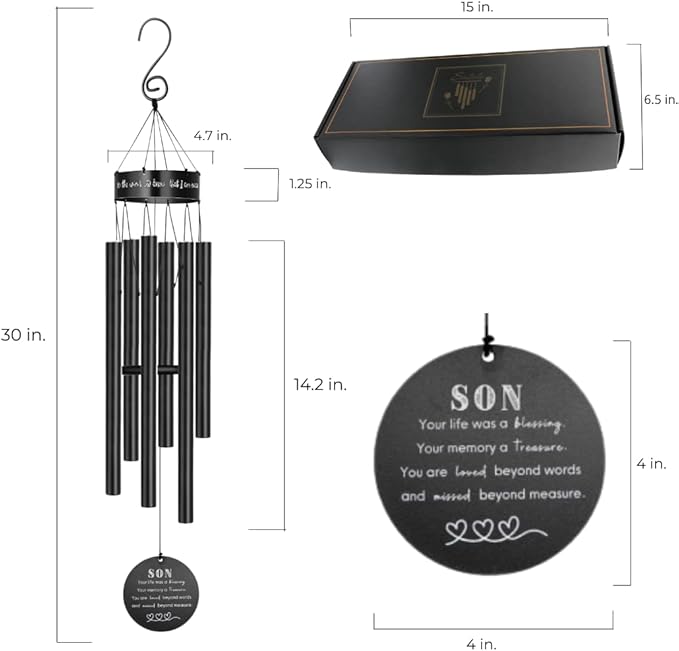 Memorial Wind Chimes for Loss of Loved One Prime, Outdoor Memory Chimes Mom, Dad, Husband, Father, Personalized Bereavement Windchimes, Sympathy Remembrance Chime, Windchime Gift (Son Memorial)