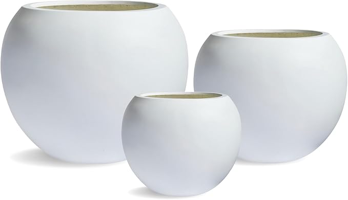 9.7" H x 12" D Globo Fiberstone Round Planter - Christmas Tree Planter, Smooth Finishes, Weather Resistant for Indoor & Outdoor Use, Included 2 Extra Coco Mats (White, 7.8" Pot Opening)