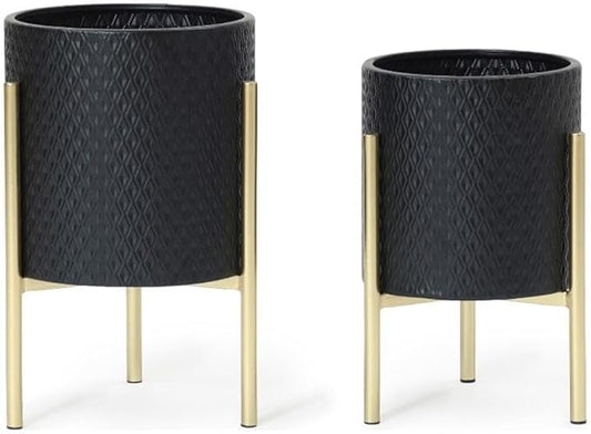 LuxenHome 2-Piece Diamond Pattern Round Metal Cachepot Planter Set, Black Planter with Gold Stands Set of 2 Indoor Plant Pots Large Floor Plant Pot for Plants, NOT Waterproof
