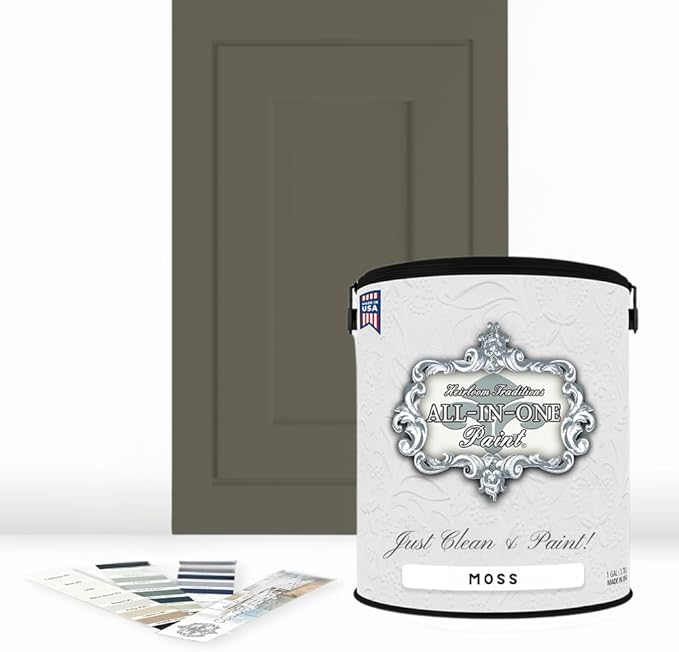 ALL-IN-ONE Paint, Durable cabinet and furniture paint. Built in primer and top coat, no sanding needed. Includes our 30 featured color card - Moss, Gallon