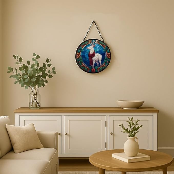 Stained Glass Window Hanging – 7.8 in White Reindeer Panel with Chain， Bathroom Front Door Living Room Garden Christmas Decor， Gift for Mom Wife Lovers