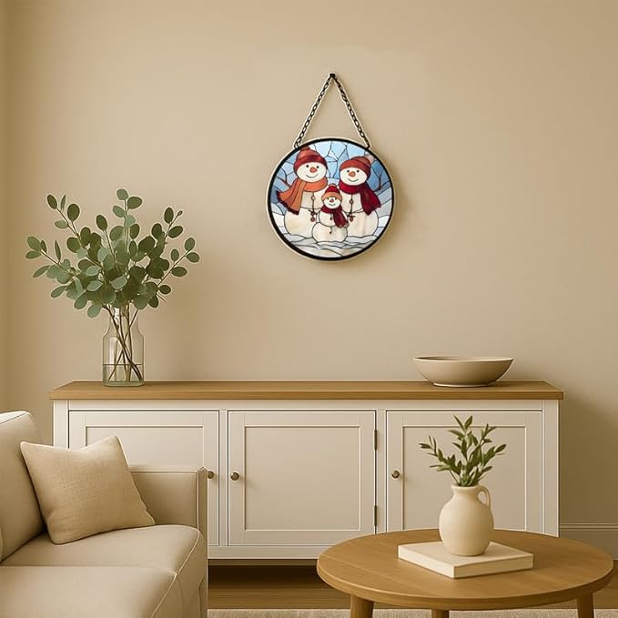 Stained Glass Window Hanging – 6.3 in Snowman Family Panel with Chain， Bathroom Front Door Living Room Garden Winter Holiday Decor， Gift for Mom Wife Lovers