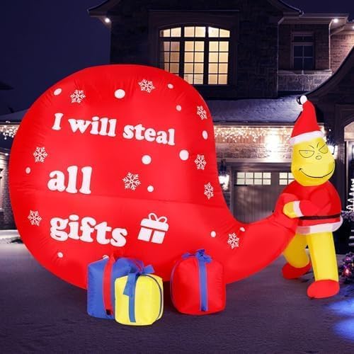 8FT Christmas Inflatable Outdoor Decorations Grinch Inflatable with Giant Gift Sack, LED Blow Up Christmas Yard Decor Outdoor Holiday Stealing Gifts Decoration for Lawn, Garden & Porch