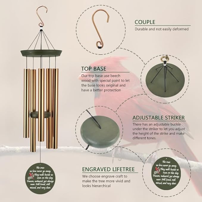Personalized Sympathy Wind Chime, Sympathy Gifts for Loss of Loved One, Cardinal Wind Chimes, Loss of Mother Memorial Gift,Memorial Wind Chimes Deep Tone, Product in USA