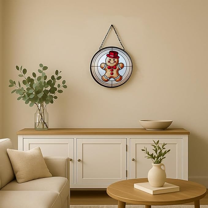 Stained Glass Window Hanging – 7.8 in Gingerbread Man Panel with Chain， Bathroom Front Door Living Room Garden Decor for Mom Wife Lovers