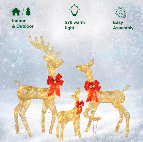VINGLI Lighted Reindeer Christmas Decoration 3-Piece Deer Family Set for Outdoor Decor, Pre-lit 270 LED Christmas Deers for Outdoors Yard Ornament with Stakes, Zip Ties-Gold