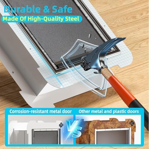 3-Flaps Steel Cat Door for Exterior Doors with Sliding Lock Panel, Extreme Weather Pet Door for Cats, Small Kitty Doggie Door, Insulated Dog Doors for Door, Telescoping Tunnel (Pets Up to 12 Lb)