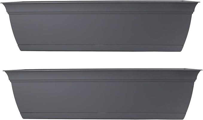 The HC Companies 24 Inch Eclipse Window Planter Box with Drainage Holes & Attached Saucer, Lightweight UV-Resistant Plastic Outdoor Planters, 2-Pack Flower Box for Garden & Home Decor, Warm Gray