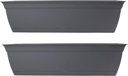 The HC Companies 24 Inch Eclipse Window Planter Box with Drainage Holes & Attached Saucer, Lightweight UV-Resistant Plastic Outdoor Planters, 2-Pack Flower Box for Garden & Home Decor, Warm Gray