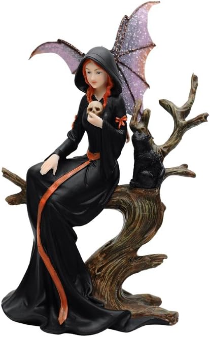 Comfy Hour Fairyland Collection Resin Fairy Witch with Skull and Black Cat Sitting On Withered Tree Crafted Figurine