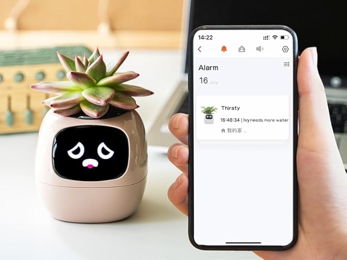 Ivy Intelligent Flower Pot for Home Decoration Plants Companion Neat Desk Setup Gift Smart Pet Planter Robot Guidance on Plant Care with Emojis Pet Friends (Yellow)