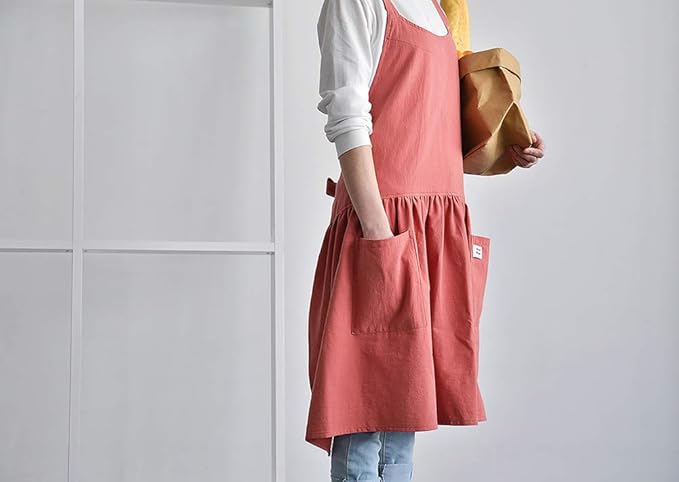NEWGEM Cotton Linen Cross Back Apron for Women with Pockets for Painting Cleaning Grapefruit Red with Waist Ties