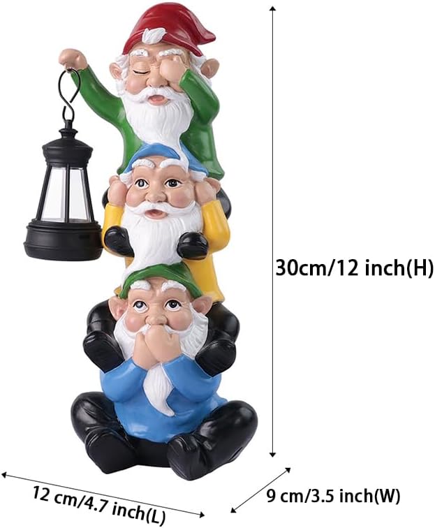 Funny Garden Gnome Statues with Solar Lights Outdoor Decorations, Triple Gnome Statues Unseen Unheard Unspeak Sculptures Outdoor Patio Lawn Yard Garden Decor Housewarming Gifts