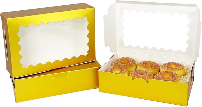 qiqee 50Pcs Gold Cookie Box with Window 9x6x2.5 inch Pastry Macaron Bakery Box For Packaging
