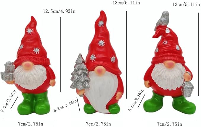 3PCS Christmas Gnome Decorations - Red & Green Holiday Gnomes with Gifts, Resin Xmas Elf Figurines for Home Decor, Shelf, Mantel, Tabletop Festive Indoor Ornaments (4.93-5.11 in)