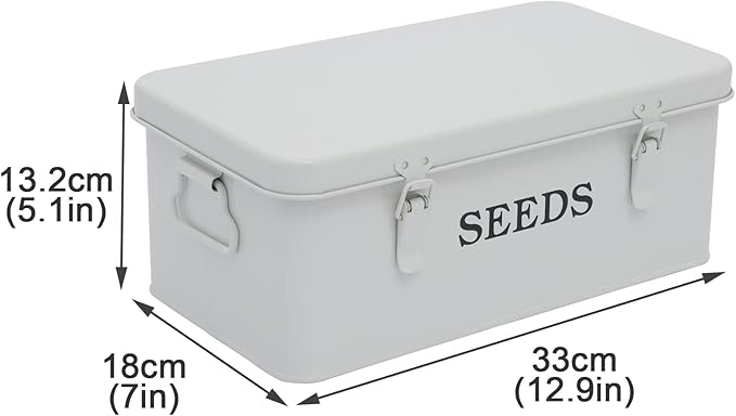 Garden Seed Box, White Metal Seed Storage Box, Seed Storage Organizer Case with 4 Dividers, Seeds Packet Container for Gardening, Seed Envelope Storage Box with Portable Handle & Safety Lock