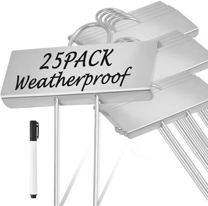 25Pack Metal Plant Labels, Weatherproof Garden Markers with a Pen, Reusable Outdoor Garden Markers Tags for Plants Vegetables Herb Seedlings Flowers Height 10.7 Inch, Label Area 3.5'' x 1.4''