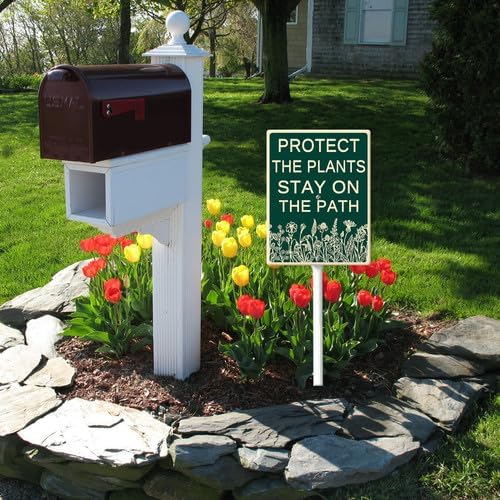 FemiaD Protect The Plants Stay On The Path Yard Sign with Stake 8x12inch Sturdy Aluminum Rustproof Outdoor Lawn Decor for Garden Front Door Outdoor Use Easy to Install