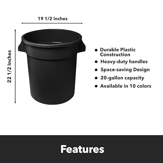 Feed and Seed Storage Container, 20 Gallon Black Round Commercial Trash Can and Lid, Food Storage Plastic Bin, Use in Agricultural, Gardening, or Household