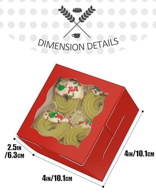 qiqee Red Bakery Box with Window 4x4x2.5 inch 30Packs Macaron Boxes Small Donut Pastry Boxes for Party Mini Cookie Boxes