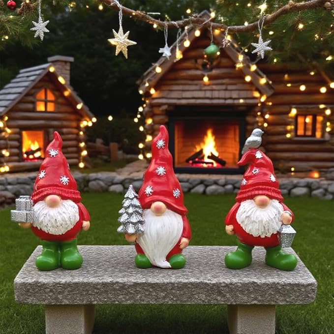 3PCS Christmas Gnome Decorations - Red & Green Holiday Gnomes with Gifts, Resin Xmas Elf Figurines for Home Decor, Shelf, Mantel, Tabletop Festive Indoor Ornaments (4.93-5.11 in)