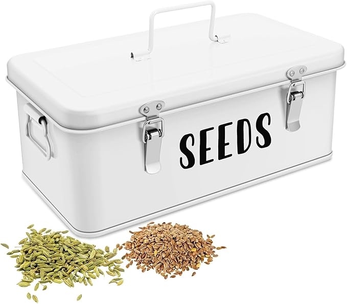 Flexzion Seed Saving Box - Metal Seed Storage Organizer Box with Lid, 4 Spacious Compartments Storage Bin for Garden Tools & More with Safety Locks, White