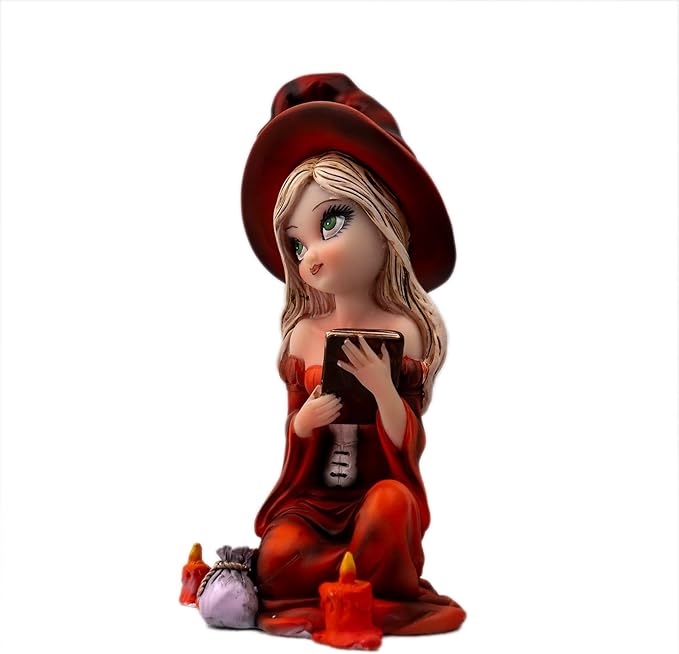WingsHalloween Witch Resin Statue - Handheld Book Ornament (Red Hat and Red Dress) Living Room Bookshelf Magic Theme Home Decoration Birthday Gift Festival Party