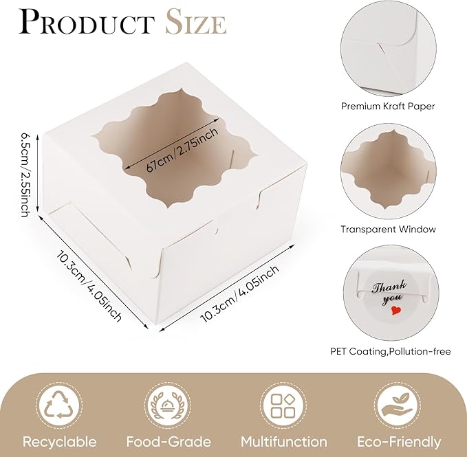 100 Pack Cookie Boxes with Window, 4x4x2.5 Inch White Bakery Box, Kraft Paper Treat Boxes for Pastries, Cookies, Pie, Donuts, Macaron, Strawberry Boxes withTag