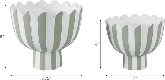 Striped Flower Pots and Planters for Home Decor – Modern Indoor or Outdoor Pots for Plants Perfect for Orchids, Herbs, or Ferns – Chic Pot for Indoor Plant Stand; Set of 2 – 8", 6" Green & White