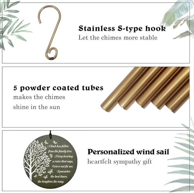 Memorial Wind Chimes Personalized, 36inch Sympathy Wind Chime Custom Name, Life Tree Butterfly Memorial Gifts, for Loss of Loved Dad/Mom, Deep Tone Decor Outside (Produced in USA)