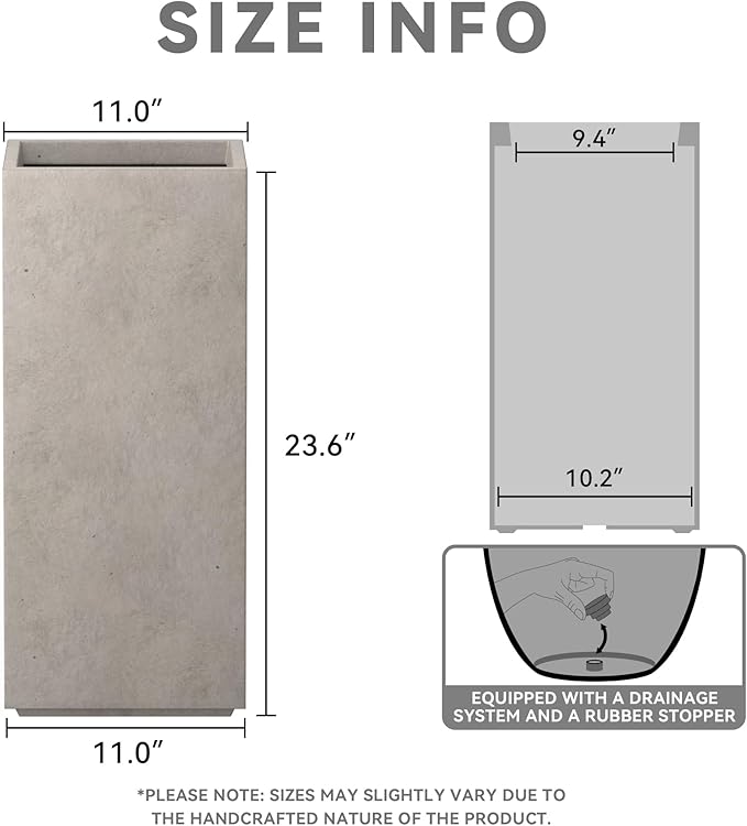 Kante 23.6" H Tall Rectangular Concrete Planter, Modern Design Plant Pot with Drainage Hole and Rubber Plug for Indoor Outdoor Plants, Patio, Garden and Home, Weathered Concrete