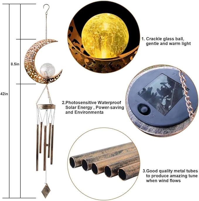 Wind Chime Solar Moon Decor,Mother's Day, Christmas, Thanksgiving Gift for Women,Mother,Grandma,Wife, Birthday Gift Crackle Glass Ball Windchimes Gardening Gifts,Patio Decor, Yard Porch Decorations